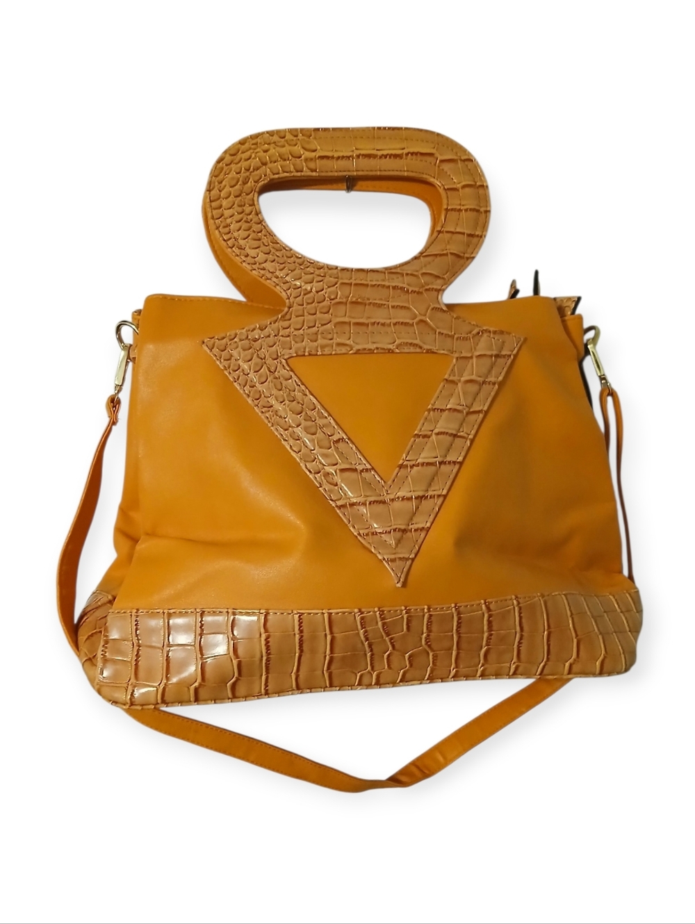 Stylish Tangerine Handbag with Croc-Embossed Accents
